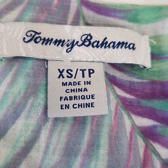 Tommy Bahama Size XS Tropical Leaf Print Green Violet White Cotton Top Blouse - Picture 4 of 5